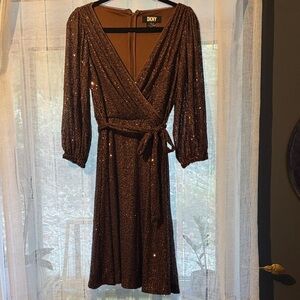 DKNY Shimmering Brown Long Sleeve Dress